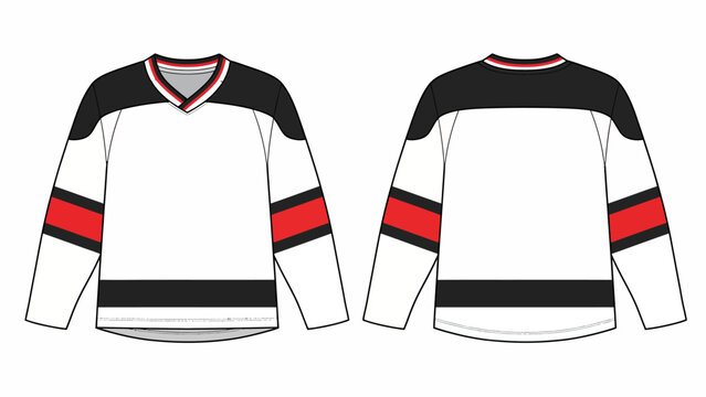 Ice Hockey Jersey Vector Illustration, Black and Red Sports Uniform Template with V-Neck and Stripes, Front and Back View Technical Sketch