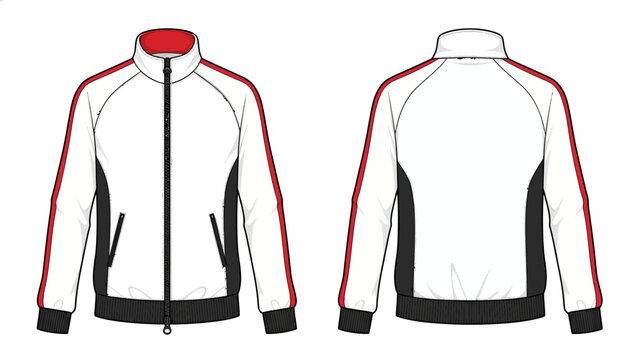 White Track Jacket Vector Technical Illustration, Zip-up Sweatshirt Template with Red Racing Stripes and Black Side Panels, Front and Back View