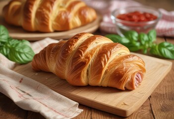 Delicious ham cheese and basil filled croissant on a wooden tablecloth, croissant,  wooden tablecloth,  basil