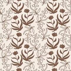 Seamless floral pattern with brown flowers on beige background