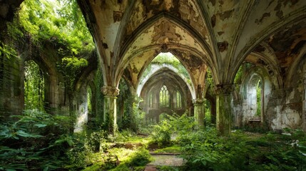 Obraz premium Overgrown Ancient Ruin: Nature's Reclamation of Architectural Heritage, Mossy Stone Arches and Vines in Abandoned Building
