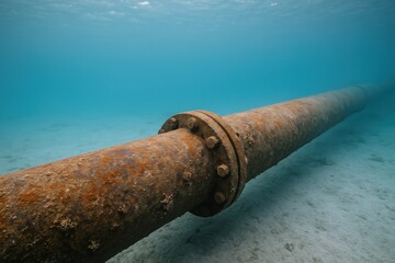 Underwater Pipeline: Metallic Structure with Bolt Flange Crossing Ocean Floor in Azure Blue Waters