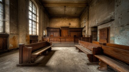 Fototapeta premium Dilapidated courtroom featuring wooden benches and judge's platform, evoking atmosphere of neglect and decay