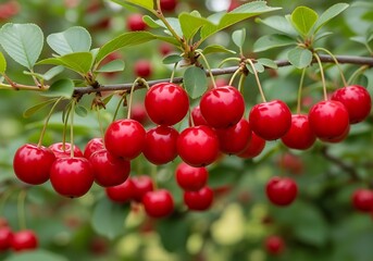 Obraz premium Lush cherry abundance, ripe red jewels hanging from branches