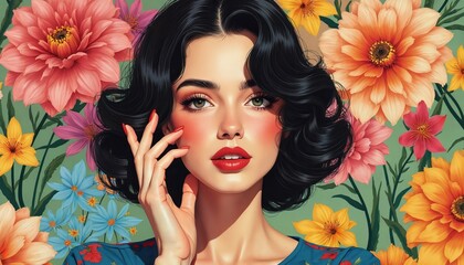 Pop art portrait of woman with retro hairstyle in colorful spring blooms. Her face is framed by large floral elements, lush green foliage. She wears bold red lipstick, has perfectly manicured nails.