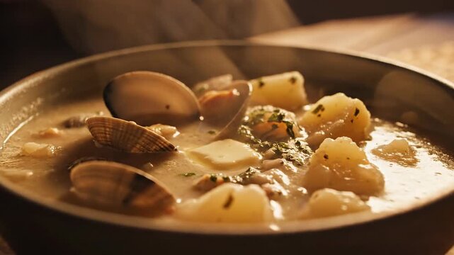 Steaming Hot Creamy Clam Chowder Bowl with Potatoes and Fresh Herbs, Delicious Seafood Soup