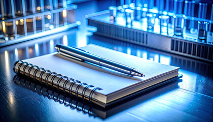 Laboratory's Blueprint: A notebook and pen rest on a table, amidst the scientific equipment. A close-up shot that speaks to the intricacies of scientific research and analytical processes.