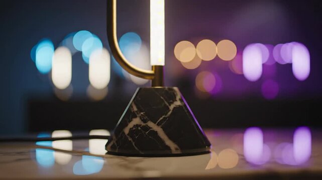 Modern glowing table lamp with black marble base. Elegant interior design with vibrant bokeh background lights.