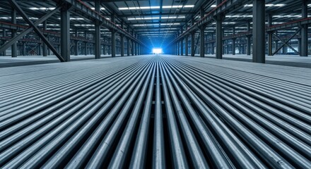 Industrial Interior Perspective: Long Row of Pipes Leading to Light in a Large Factory