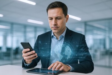 Connected Professional Using Mobile Technology with Global Network Visualization in a Modern Office Setting