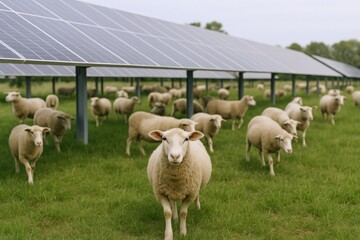 Fototapeta premium Sheep Grazing Under Solar Panels in an Eco-Friendly Farm, Supporting Sustainable Agriculture and Renewable Energy Sources