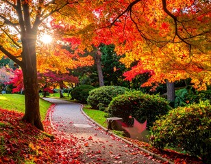 Sunlit pathway winds through a Japanese garden, vibrant autumn foliage