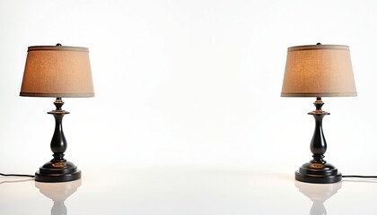 Two classic table lamps with dark bases and beige fabric shades are symmetrically placed on a white reflective surface. They provide ambient light, ideal for home decor or interior design concepts.