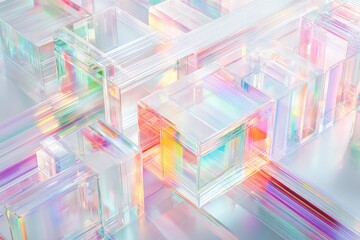 Iridescent Abstract 3D Rendered Cubes with Holographic Reflections, Creates a Mesmerizing Visual Effect