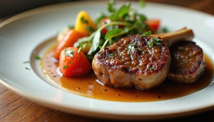 Thick cuts of osso buco with rich sauce rest on plate. Vegetables like carrots, tomatoes, and greens accompany tender meat. This dish is garnished with parsley, looking tasty and elegant.