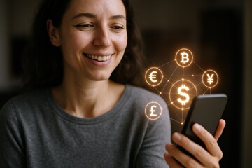 Smiling Woman Using Mobile Banking App with Currency Symbols, Crypto, Finance, and Technology