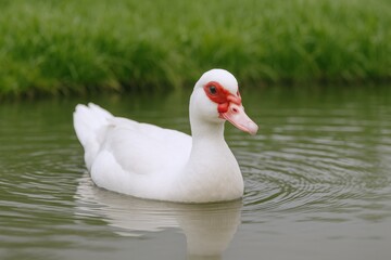 Obraz premium White Muscovy Duck Swimming Calmly in Pond, Serene Wildlife Portrait, Natural Habitat