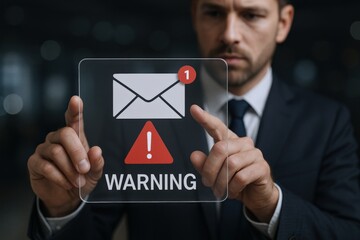 Businessman interacting with digital warning interface, showcasing cybersecurity threat or urgent message, highlighting potential risk