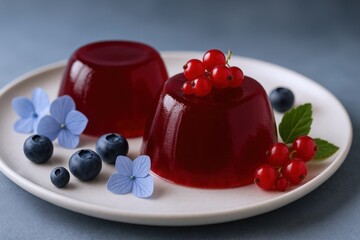 Delicious Red Currant Jelly Dessert with Blueberries and Hydrangea Flowers on a White Plate