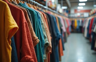 Rack with assorted used clothes offers variety for men, women, kids. Options for budget shopping and eco conscious consumers. Sustainable fashion choices available.