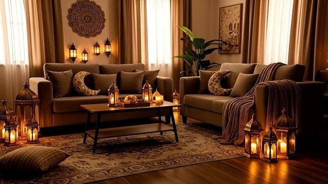 Cozy Living Room Ambiance with Lanterns and Soft Furnishings.