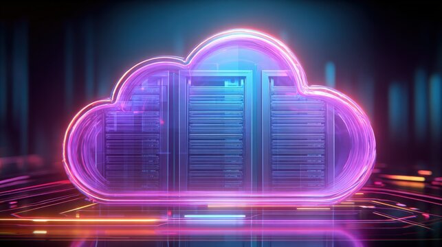 Cloud Computing Server Room Illustration, Representing Data Storage and Processing, with Neon Lighting Accents and Futuristic Design - Powered by Adobe