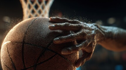 Close-up of a basketball player's hand gripping the ball, focusing on the texture and intensity of the game