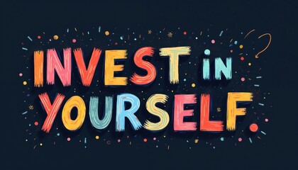 Colorful text reads Invest in Yourself. Motivational quote celebrates personal growth and self improvement. Bright typographic design with confetti sparks positive energy.