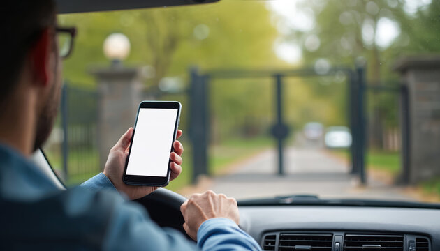 Man in car uses smartphone to open automatic gate. Driver controls entry to gated community. Modern tech enables secure access from vehicle. Future of smart home living.