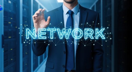 Businessman Pointing at Digital Network Display in Data Center for IT Infrastructure Management