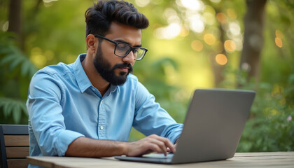 Young Indian man with beard and glasses works on laptop outdoors. He types on keyboard, focused on screen. Casual blue shirt worn at table with green trees background. Work from home concept.