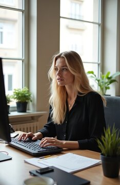 Young blonde woman types on computer keyboard in modern office. She sits at desk with papers, plants, looking thoughtfully at screen. Her work involves data entry or research for her business project.