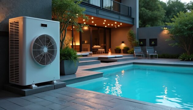 Outdoor heat pump unit near swimming pool. Modern home heating system provides efficient warmth for backyard leisure space. Energy saving tech warms water for pool.