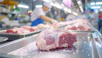 Premium raw meat cuts, meticulously displayed on stainless steel trays in a vibrant market, with workers in the background ensuring fresh preparations for culinary excellence