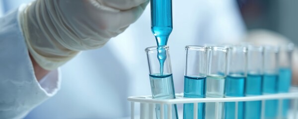 Scientist adds blue liquid dropwise into test tube using pipette. Several test tubes with blue fluid in rack. Close up indoor shot shows lab work. Medical or chemistry research.