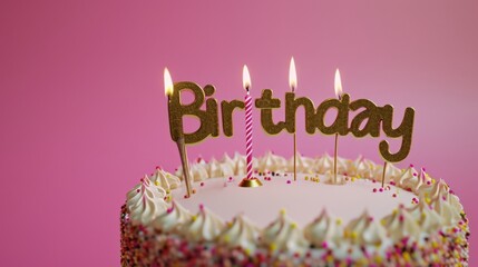 Celebration Cake with Candles and Glitter Topper Against a Pink Background for Birthday Parties