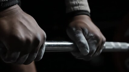 Athlete's Hands Gripping Barbell with Chalk for Intense Training