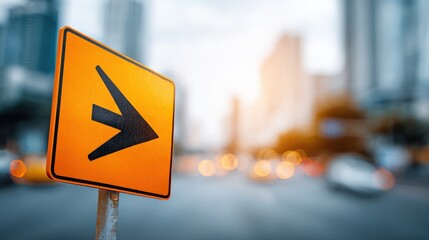 Directional Sign in Urban Setting: Yellow Arrow Indicates Turn, Blurred Cityscape Background