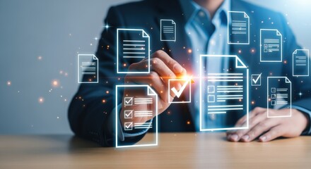 Digital Document Management with Businessman Interacting with Virtual Files for Workflow Automation