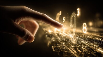 Human Hand Interacting with Glowing Digital Numbers and Data Stream, Futuristic Technology Interface