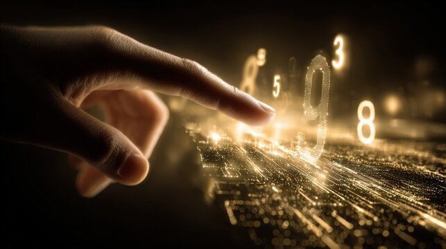 Human Hand Interacting with Glowing Digital Numbers and Data Stream, Futuristic Technology Interface - Powered by Adobe