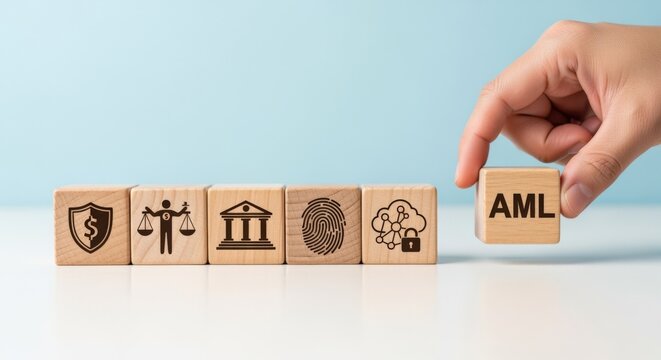 Anti-Money Laundering Compliance: Hand Placing AML Block Alongside Financial Security and Regulation Icons