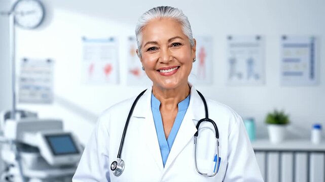Confident Senior Female Doctor Smiling in Modern Clinic Setting.