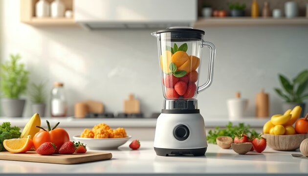 Fresh fruits are in blender jar ready for smoothie. Kitchen counter displays bananas, strawberries, orange slices, and tomato. Healthy breakfast prep.