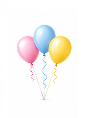 Three colorful balloons with ribbons isolated on white background. Festive minimal composition for birthdays, parties, celebrations, holidays, children events, and cheerful promotions.