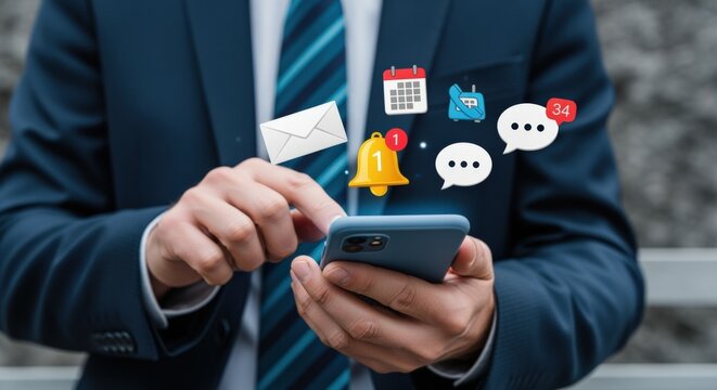 Businessman Using Smartphone with Notification Icons, Representing Digital Communication and Business Updates on Mobile Devices - Powered by Adobe