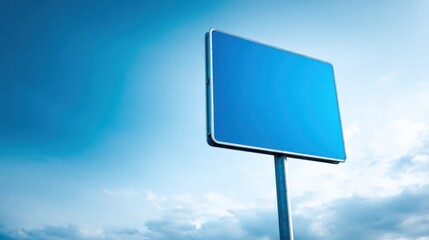 Blank blue sign against a clear blue sky, perfect for advertising and customizable messaging