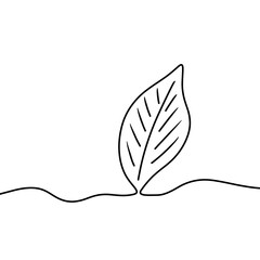 Minimalist one-line drawing of a leaf on white background