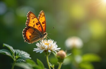 Obraz premium Orange butterfly rests on white flower in green woodland clearing. Sunlight shines through green leaves. Macro detail of insect wings and antennae. Nature scene.