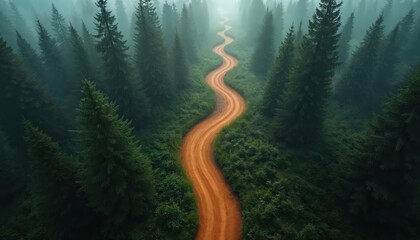 Winding dirt path cuts through dense foggy forest. Tall pine trees line the orange trail leading into mist. This symbolizes life choices and journey uncertainty.